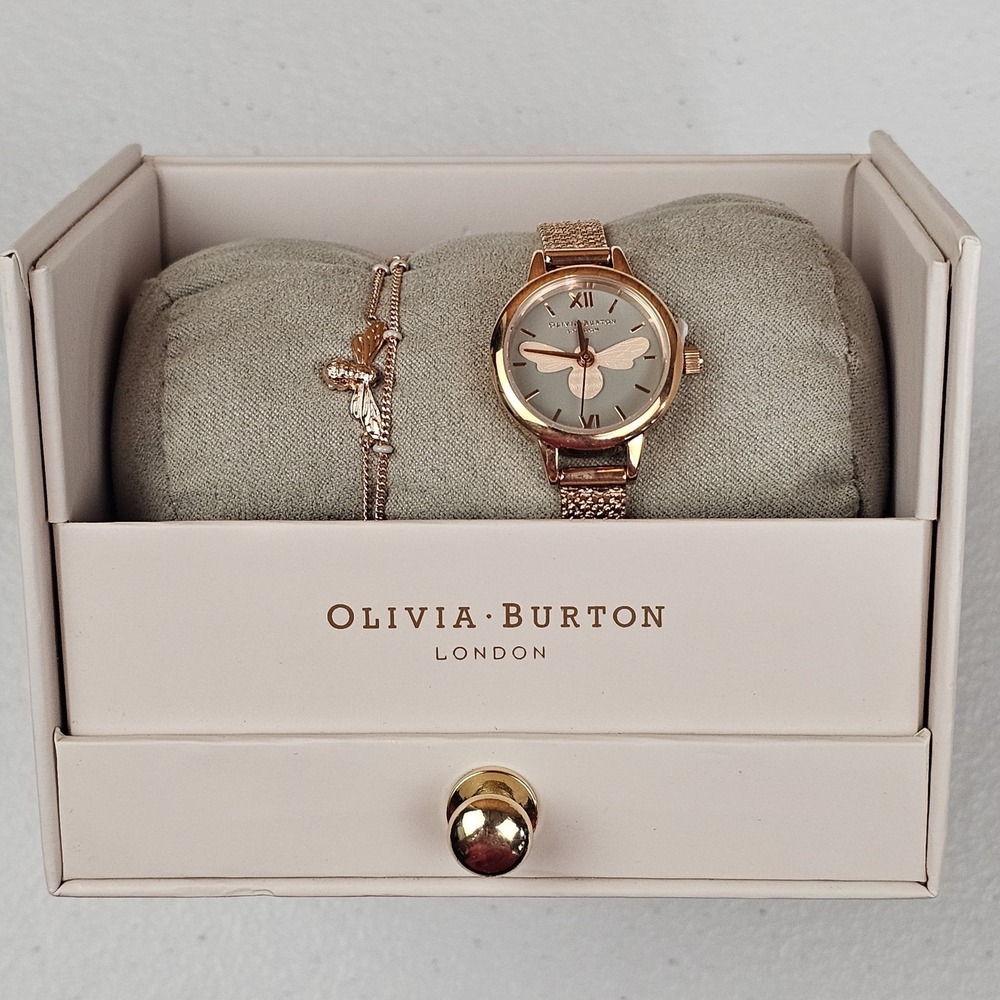 Olivia Burton Grey & Rose Gold Lucky Bee Watch & Bobble Chain Bracelet Set w/box